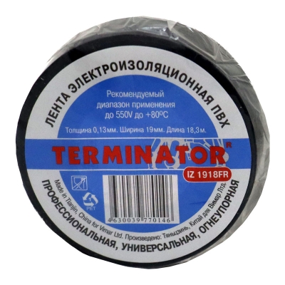 Изолента Terminator IZ 1918FR (черная) 19мм*18.3м термостойкая огнеупорная (эластич.150%)