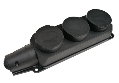 Розетка тройная с заземлением каучук с заглушками 16А IP44 черная