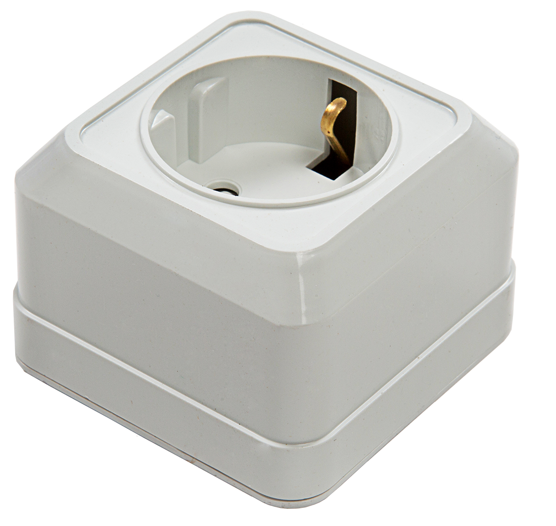 Розетка одинарная с заземлением со шторкой BOLLETO белая накладная