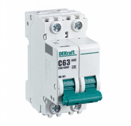 Автоматический выключатель 2Р 63А х-ка C ВА-101 4,5кА DEKraft